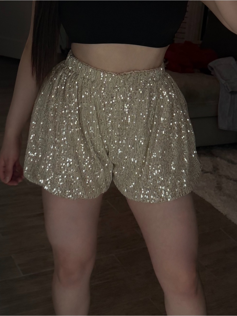 Endless Rose Champagne Sequin High-Waist Bubble Shorts